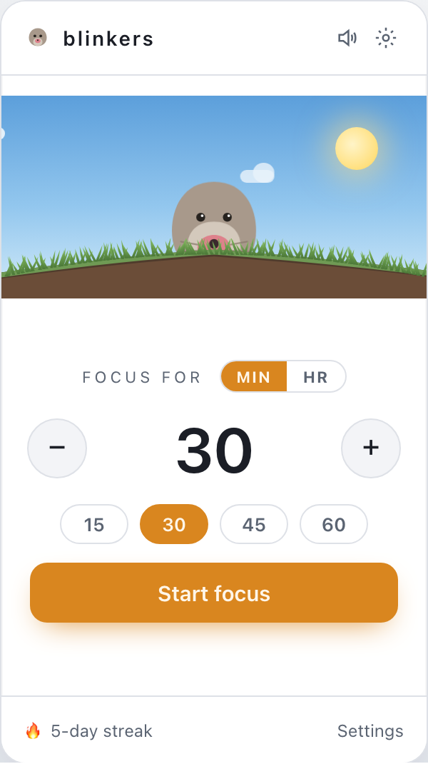 The Blinkers popup: a mole above a timer, sitting in a small day-lit scene with grass and sky